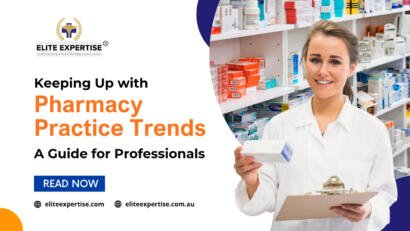Pharmacist reviewing a digital guide on evolving pharmacy practice trends and professional development strategies