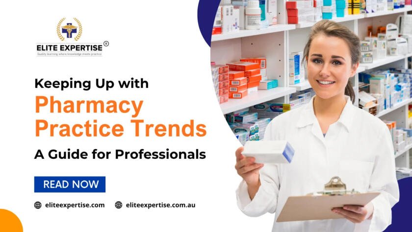 Pharmacist reviewing a digital guide on evolving pharmacy practice trends and professional development strategies